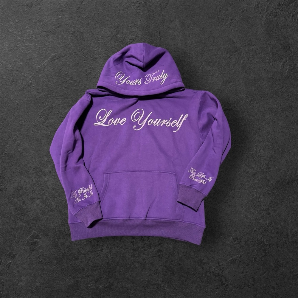 Yours Truly Phora collab “Love Yourself” purple hoodie in size Medium